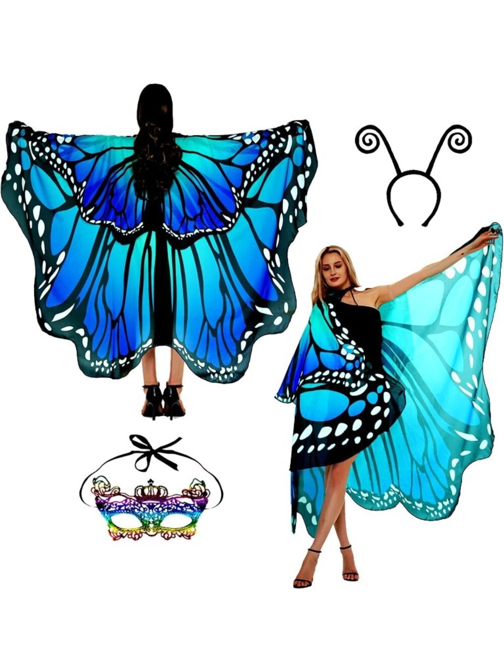 Women's Adult Butterfly Costume Monarch Butterfly Wing Cape 3Pcs Mask Halloween1